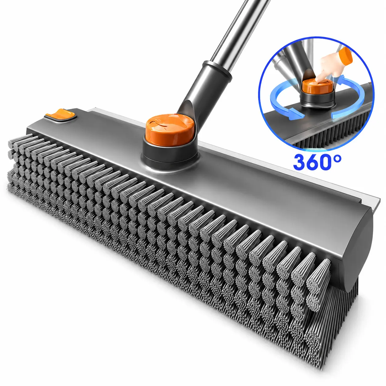 3-in-1 Floor Scrub Brush with Stainless Steel Long Handle, 360° Rotatable Bathtub Scrubber with Stiff Bristles & Squeege, Heavy-Duty Multipurpose House Cleaning Tool for Bathroom & Patio Home Supplies