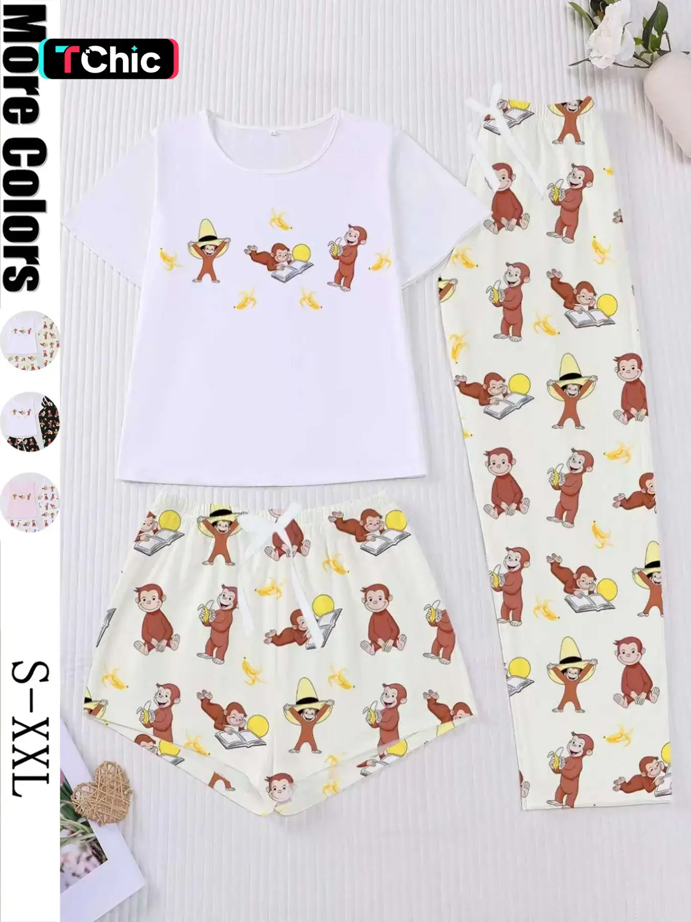 Three-Piece Women's Short Sleeve Top & Long Pants & Shorts Sleepwear Set, Sleepwear Outfits, Casual Home Nightwear, Loungewear