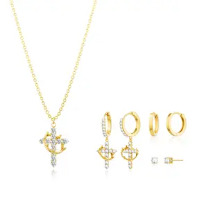 Tewiky 14K Gold-Plated 4PCS Zircon Crown Cross Necklace and Three Pairs of Earrings Set, Elegant Design, Valentine's Day and Easter Gift, Suitable for Various Occasions