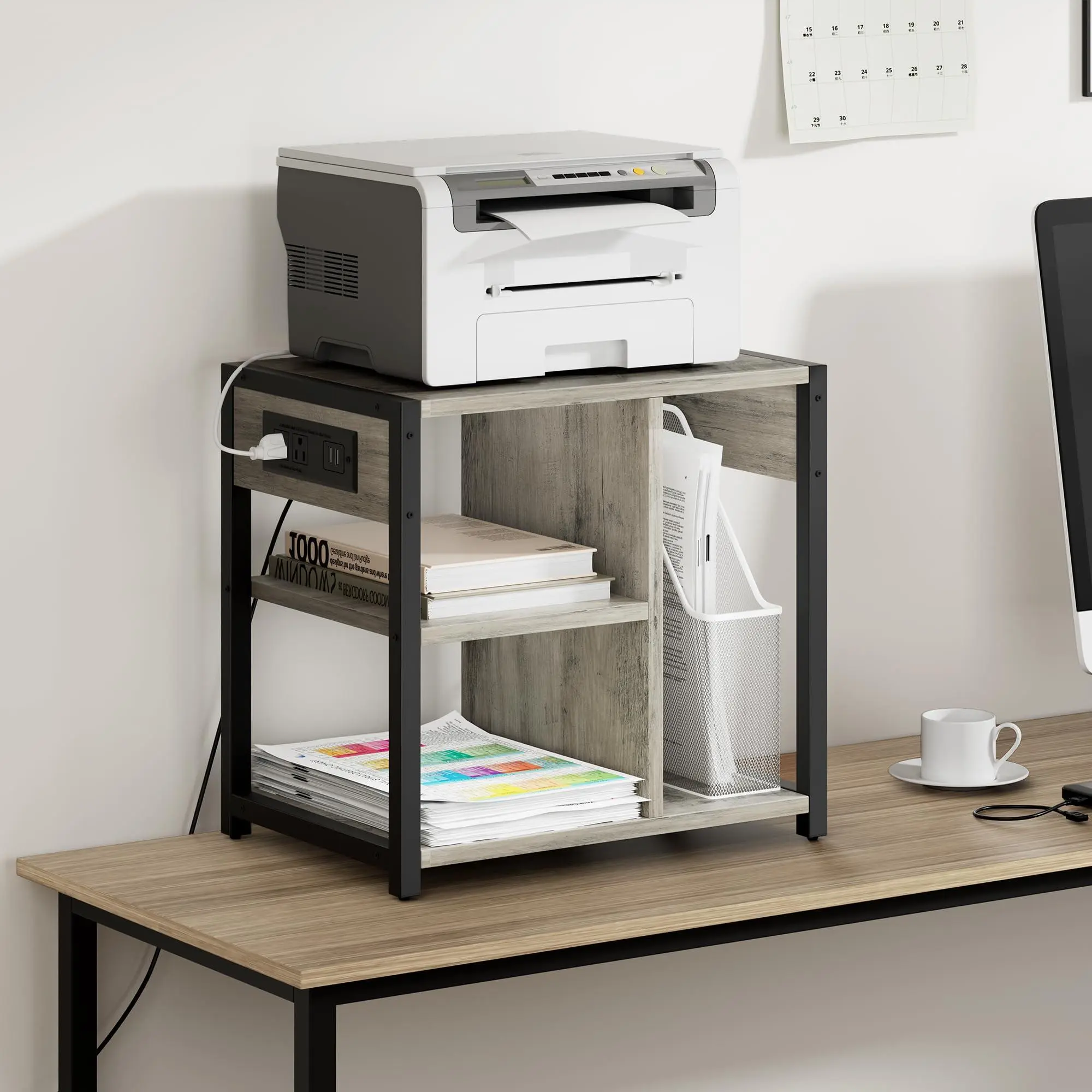 GARVEE Under Desk Printer Stand with Charging Station, 3-Tier Industrial Mobile Printer Table with Lockable Wheels & Shelves, Printer Cart for Home Office, Small Space, Gray