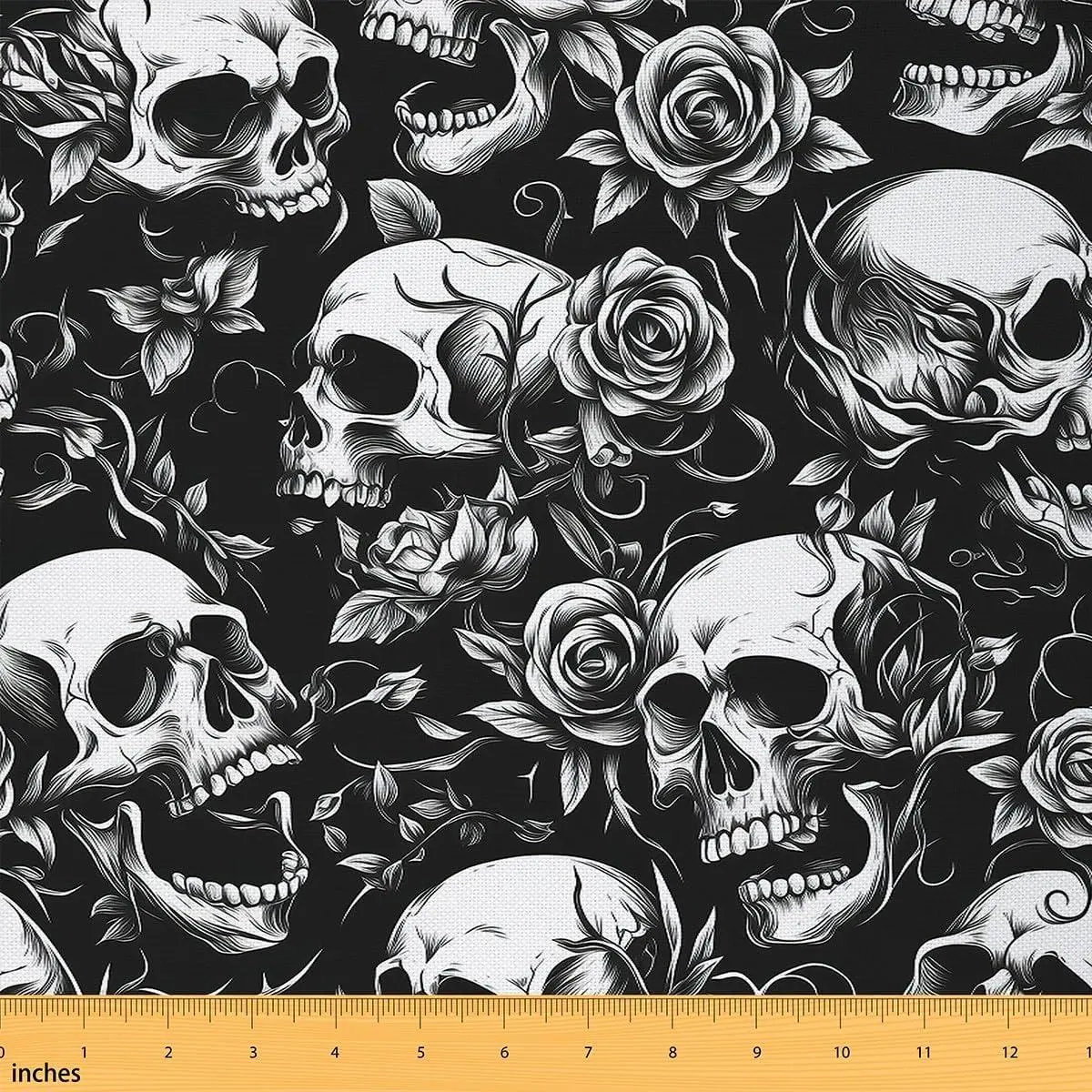 Sugar Skull Fabric By The Yard Rose Flroal Upholstery Fabric for Chairs Gothic Skeleton Decorative Soft Flannel Botanical Floral Print Sliver
