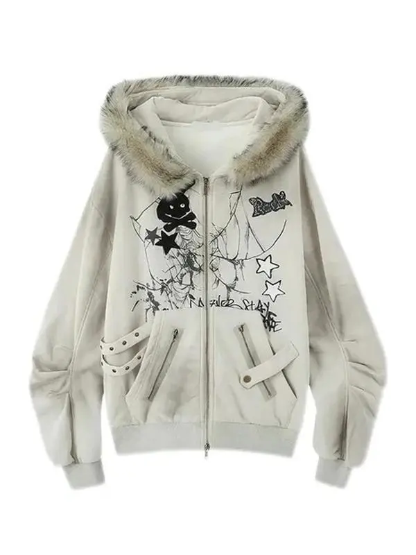 ALIELNOSIRRAH ‘Basement Rabbit' Bunny Ears Fur Zip Up Hoodie Sweater Graphic Fluffy Hood Harajuku Grunge Oversized Jacket