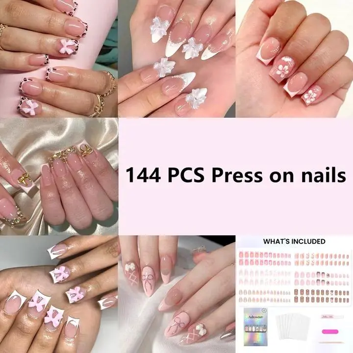 6 Packs (144 Pcs) | Reusable Press on Nails | Stick on Nails 12 Sizes-6 Styles|cute nails