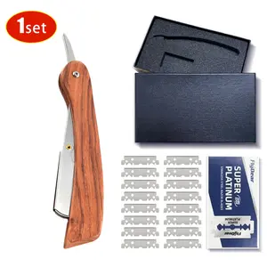 Wood Handle Razor Set for Men-Barber Precision with 20 Blades,Home & Salon Grooming WoodHandleRazor professional anti-slip design manual shaving safety easy replacement Stainless Folding Dermaplane Facial Razor Steel Professional Barber Razor Reusable