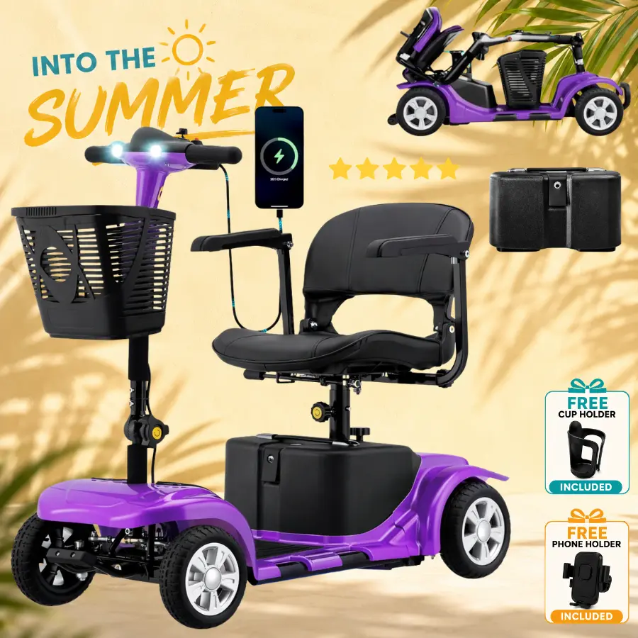 Portable Mobility Scooter for Adults Seniors 4 Wheel Electric with Removable Battery 3 Piece Quick Disassembly LED Headlight Basket 300lbs Capacity