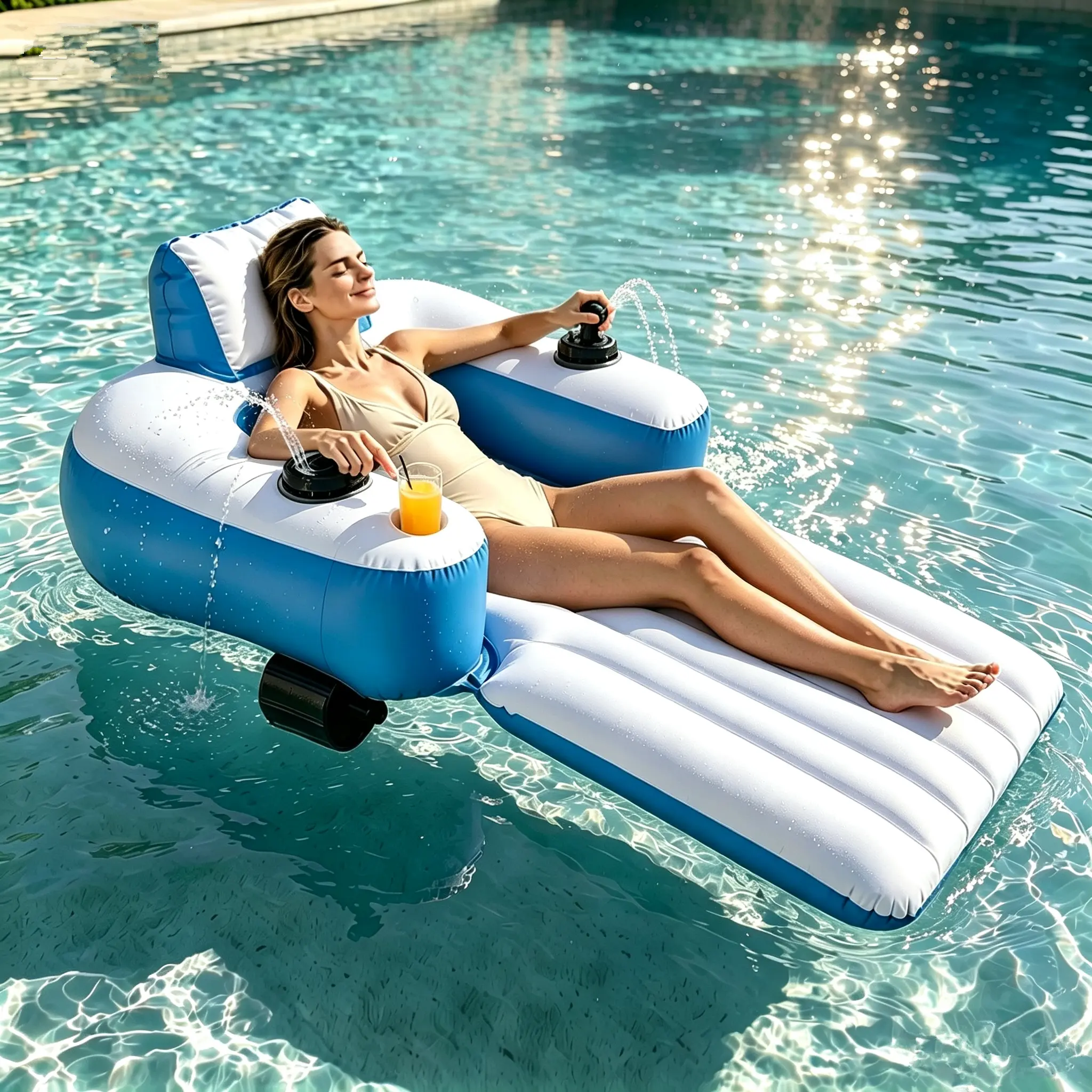Motorized Inflatable Water Lounge Chair - Pool Party Essential with Water-Spray Function, 2 Underwater Thrusters, Thruster Drive, 360° Steering Electric Float for Lake Sports Entertainment