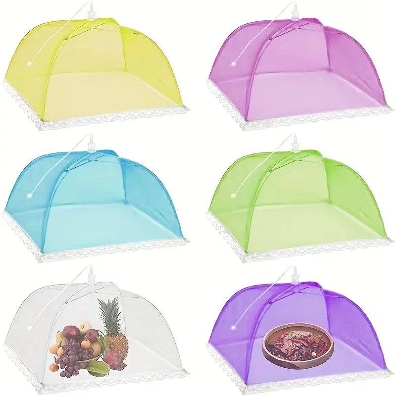 6Pcs Colored Mesh Food Cover Tents, Reusable and Collapsible Large Pop-Up Food Net Protector Umbrella for BBQ, Picnics, Parties, Outdoor