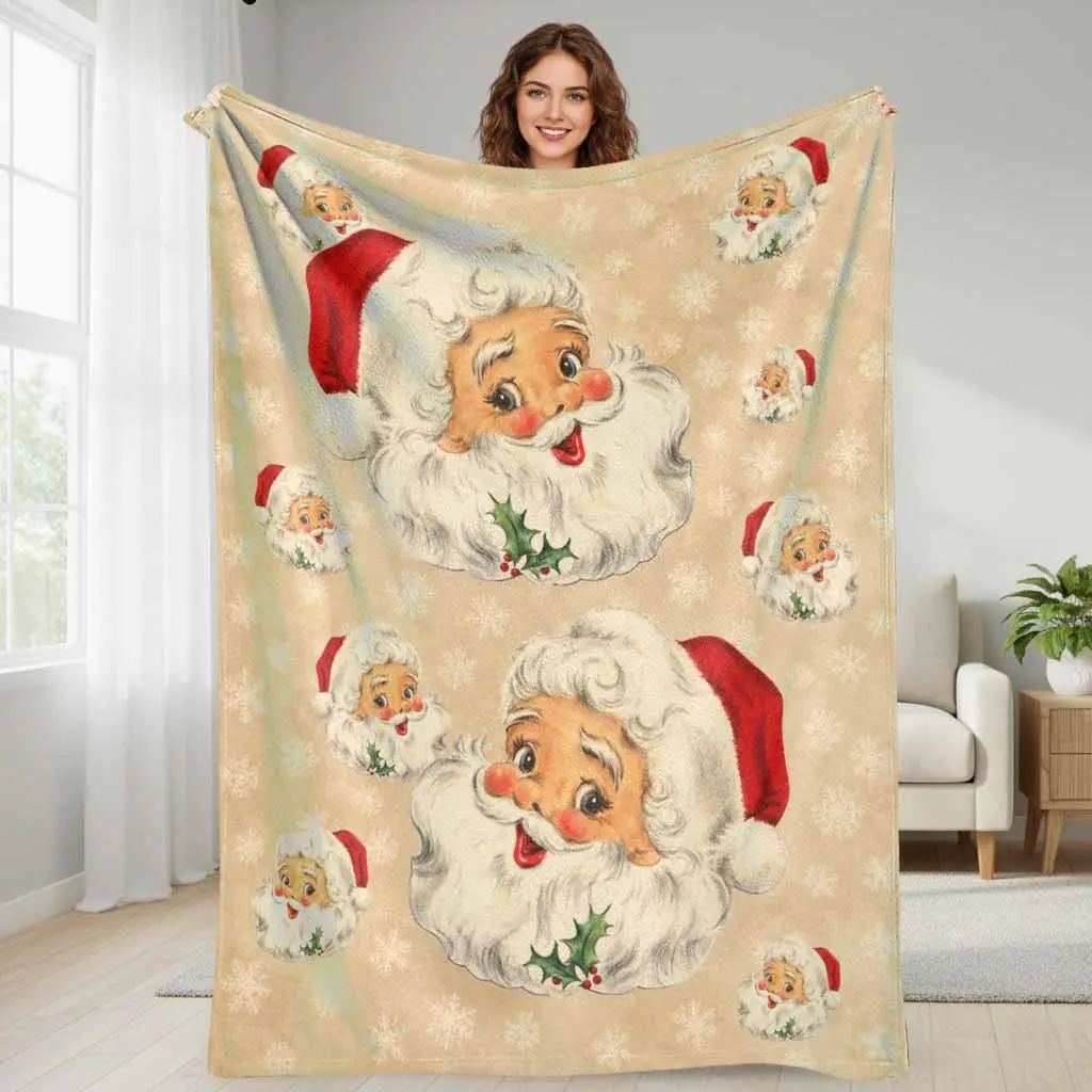 Vintage Santa Faces Flannel Blanket - Flannel Fabric, Retro Look, Multi-Size, Plush Texture, Lightweight Warm Throw for Bed, Sofa, Festive Holiday Decoration Gift, Cozy Couch Cover Wrap