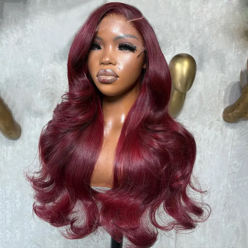 Body Wave 99j Colored Red Pre Plucked 13X4 HD Transparent Lace Lace Frontal Human Hair Wigs Natural Hairline Dark Burgundy Can Be Restyled For Women 180% Denisity