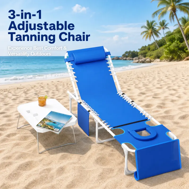 3-in-1 Ergonomic Sunbathing Chaise Lounge for Adults - Outdoor Patio Poolside, 5 Recline Adjust Positions, Adjustable Back, Heavy Duty Oxford Fabric, Folding Table, Removable Pillow, Carrying Strap, Max 330 lbs, Blue Outdoor Chair, Face Hole, Beach Chairs