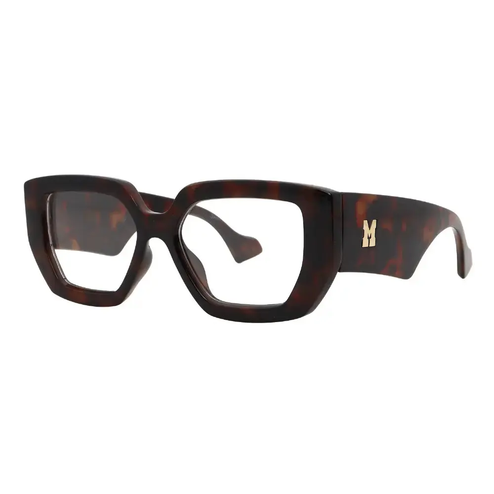 Mad Shade Bold Tortoise Rectangle Frame with Clear Lens & Gold M Logo – Oversized Statement Glasses #43