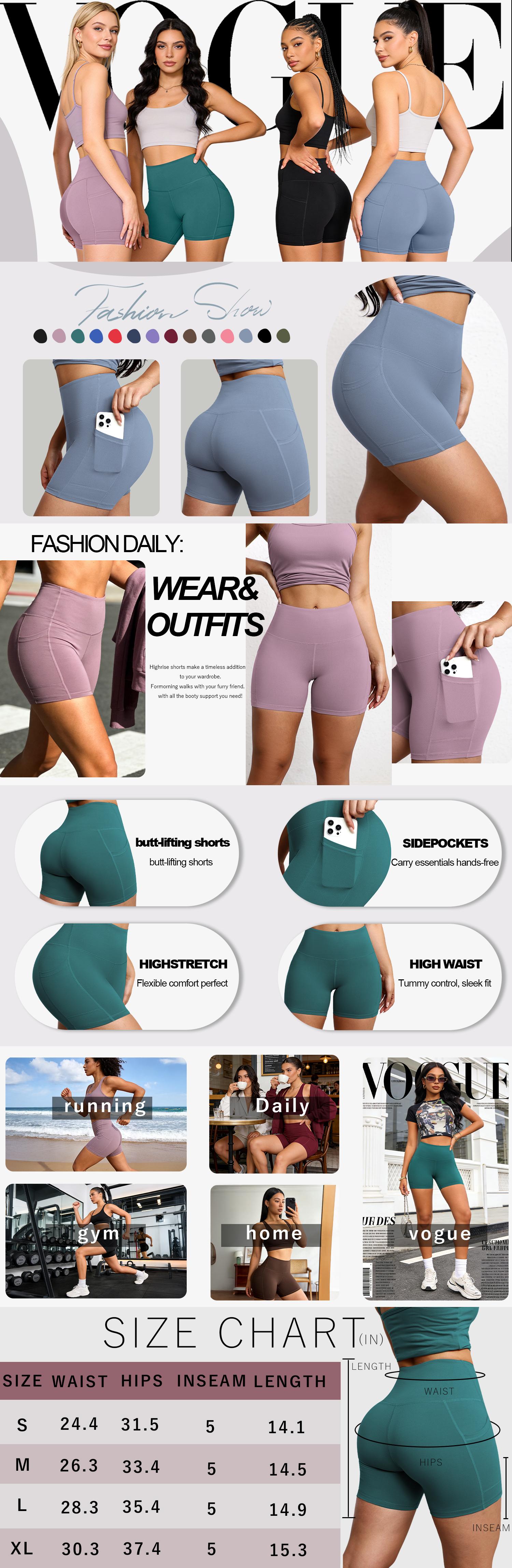 Women’s 4-pack cycling shorts with pockets for easy carry of essentials; 5-inch high-waisted tummy-control stretchy yoga/fitness shorts