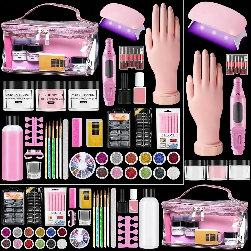 Acrylic Nail Kit for Beginners with Everything Complete Nail Kit with Nail Drill UV LED Lamp Practice Hand Acrylic Powder Liquid Monomer Glitter & Storage Bag Professional Home Salon Nail Starter Kit