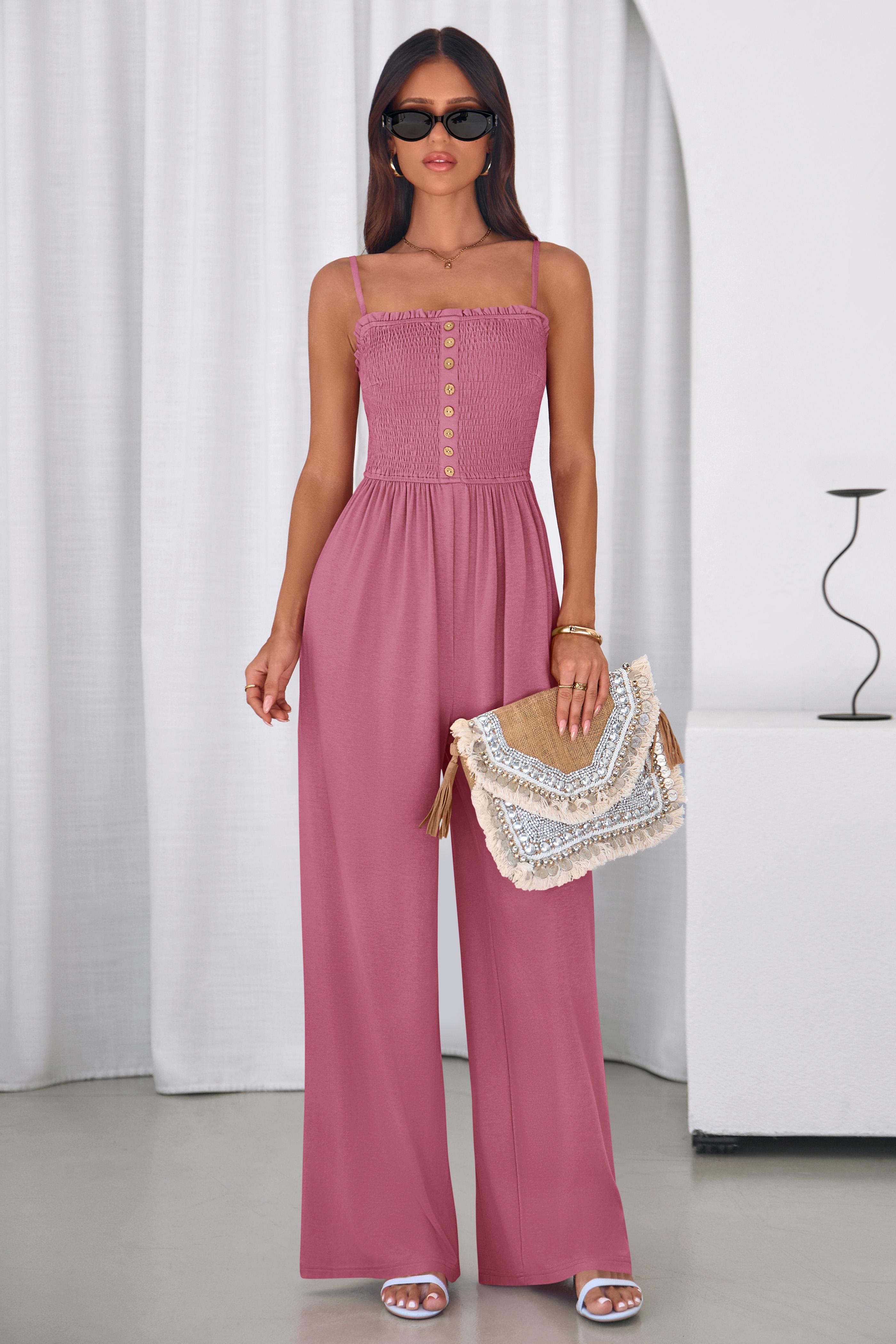 PrettyGarden Jumpsuits for Women Summer Sleeveless Smocked Button Wide Leg Rompers Spring Travel One Piece Outfits