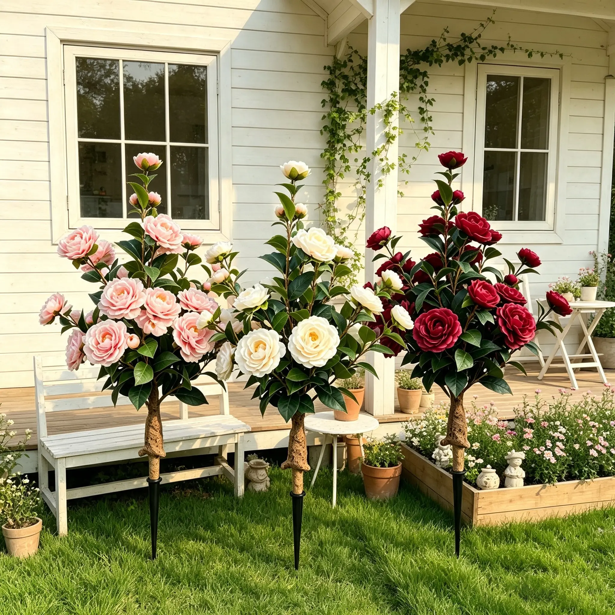 35 in Outdoor Artificial White Camellia Tree Stake, Lifelike Plastic/Rubber Floral/Leaf Blooms, Weather-Resistant Garden Pick for Landscaping & Planter Decoration, Flowers, Decorative, Faux Tree