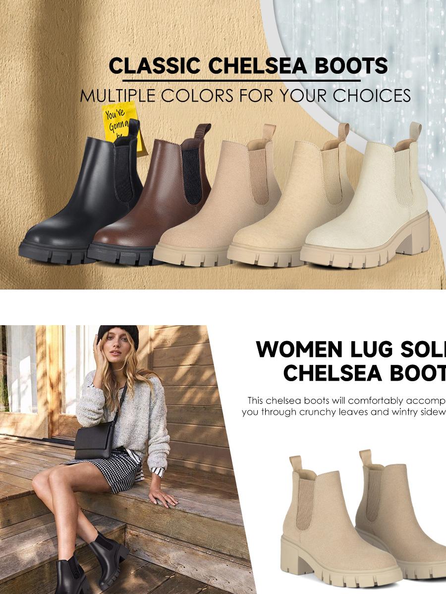 Athlefit Women's Chelsea Boots Fashion Lug Sole Chunky Heel Slip on Elastic Ankle Booties SpringStatements