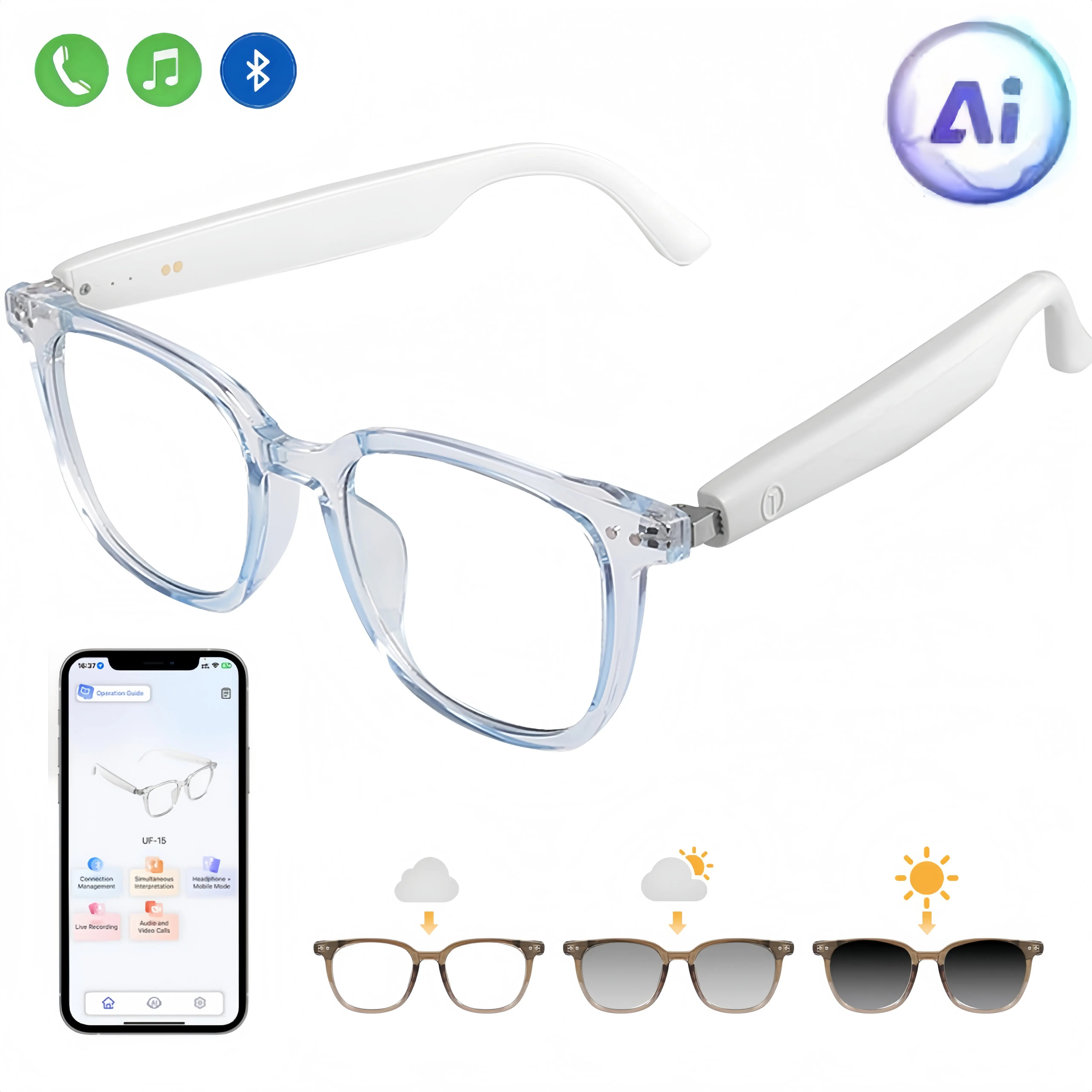 VUB smart translation glasses feature automatically adjusting polarized lenses, built-in speaker, and blue light blocking, allowing users to listen to music and make phone calls.