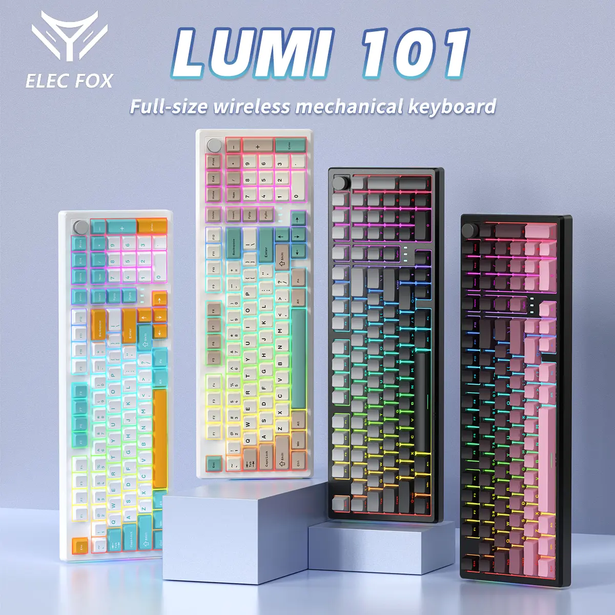 ELECFOX LUMI101 Mechanical Keyboard, Hot-Swappable PBT Keys, ARGB Lighting, Triple Mode (Bluetooth-2.4GHz-USB), Volume Knob, Customizable Gaming & Office Desktop PC Accessory, Keyboards, Gaming Keyboards
