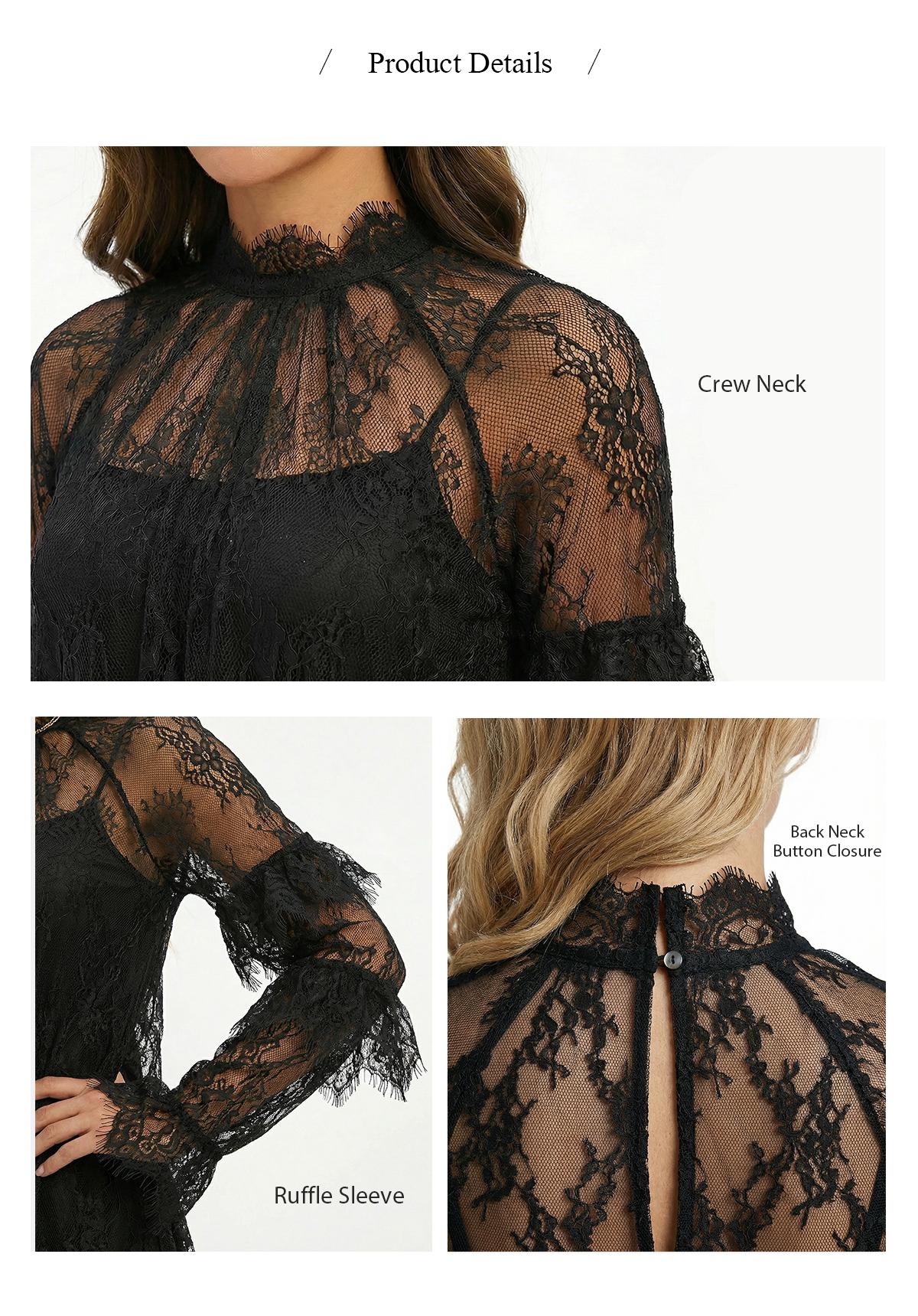 Women’s Sheer Black Lace Mini Dress, Long Sleeve Crew Neck Elegant Cocktail Dress with Ruffled Hem,Easter dress, Slim Fit Party & Evening Wear