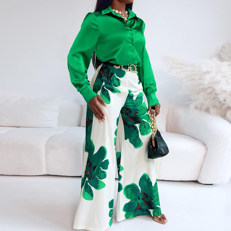 ChicMe 2 Pieces Outfit Long Sleeve Satin Blouse Valentine's Day and Casual Floral Print High Waist Wide Leg Pants Set（Without Belt）for Wedding Guest & Wedding