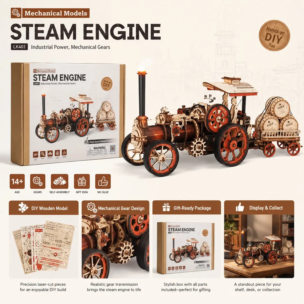 ROKR Advanced Battery-Powered Steam Engine 3D Plywood Puzzle - Motorized Vintage Construction Model with 3-Speed Control, Trailer, Flame-Like Light, DIY Interactive Science Desk House Decoration for 12 Years Above Adults