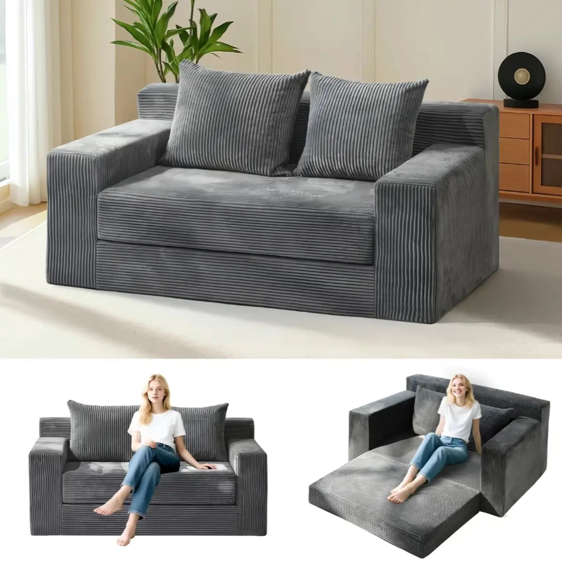 Winzoo 3-in-1 Convertible Loveseat Sofa Bed - Foldable Chaise Lounge Floor Futon Sleeper, Corduroy Fabric, High-Density Memory Foam, 4 Pillows, Easy to Clean for Living Room, Corduroy Couch, Durable