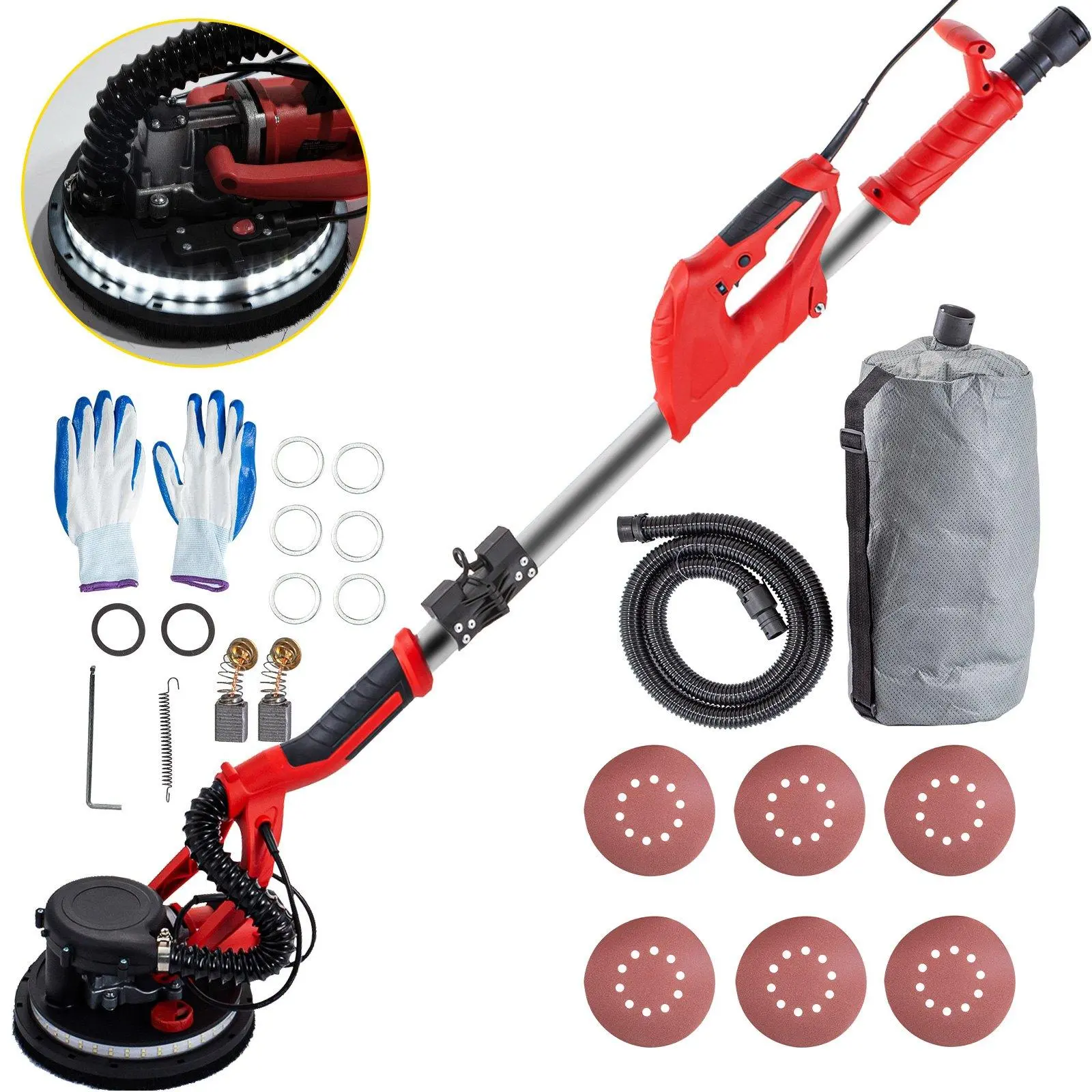 VEVOR Drywall Sander - 850W Strong Power Hardware Polisher with 6-Level Speed Dial, Foldable Design, Telescopic Handle, LED Strip Light, Vacuum Bag & Gloves, Heavy-Duty Power Tool