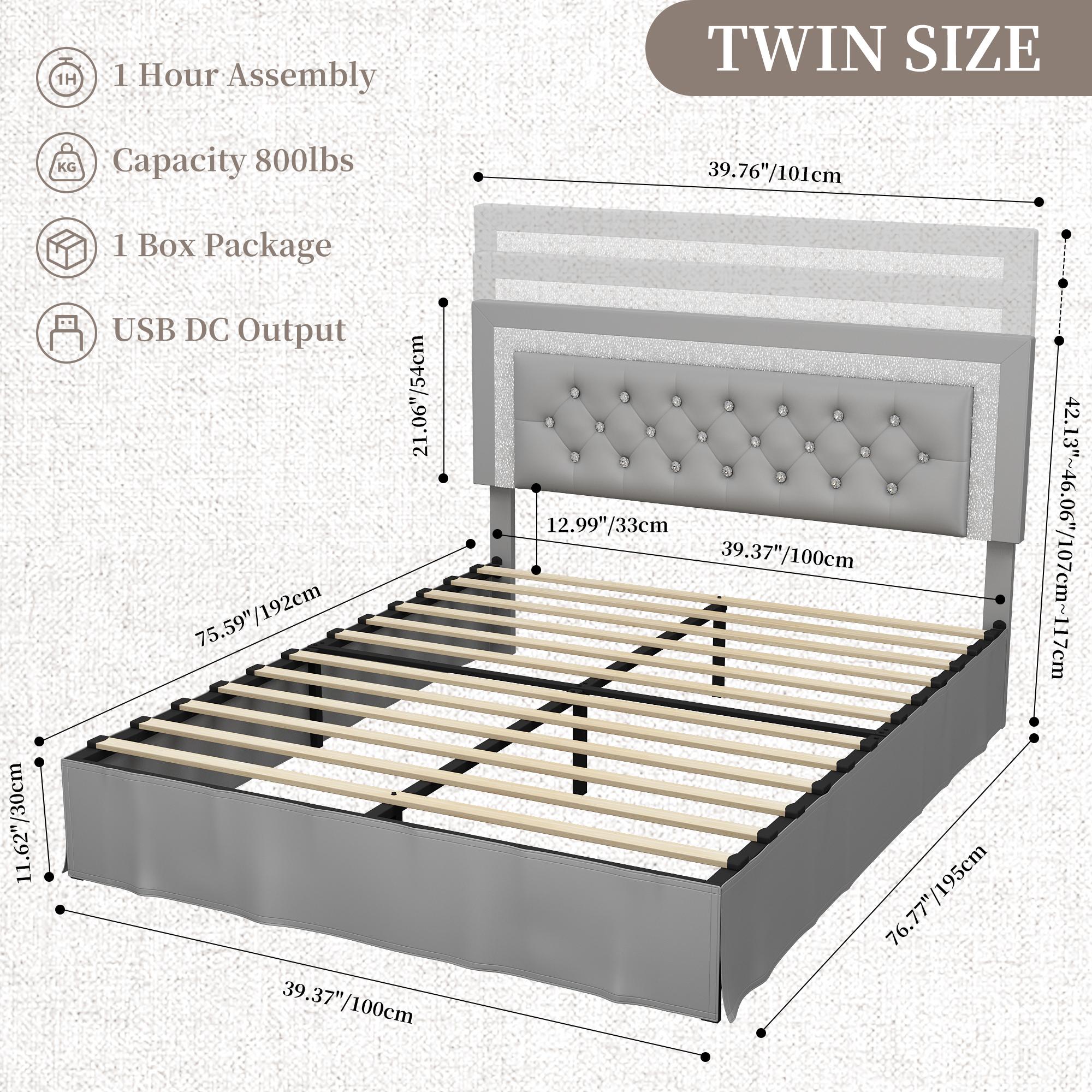 SIBEDS Queen Bed Frame with Adjustable Headboard, PU Upholstered Platform Bed for Bedroom, LED Lighting and Skirt, Diamond Tufted Design, Wooden Slat Support, Easy Assembly