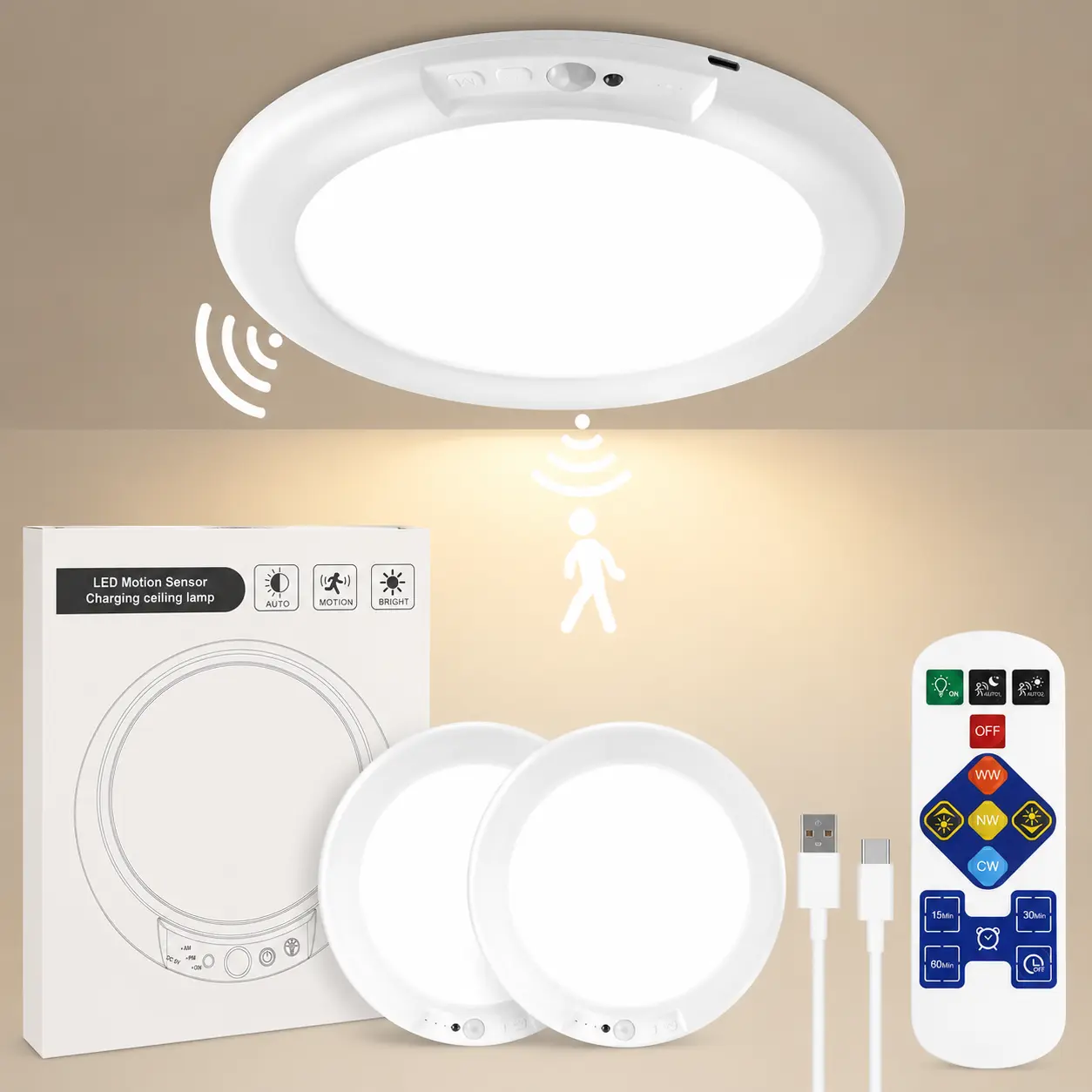 Motion Sensor Ceiling Light Rechargeable with Remote, Magnetic Wireless Ceiling Light Battery Powered Closet Light for Stairs Bathroom Hallway Porch Garage Patio Indoor Outdoor Use 4/2 Pack chandelier crown motionsense shower room kitchen recessed