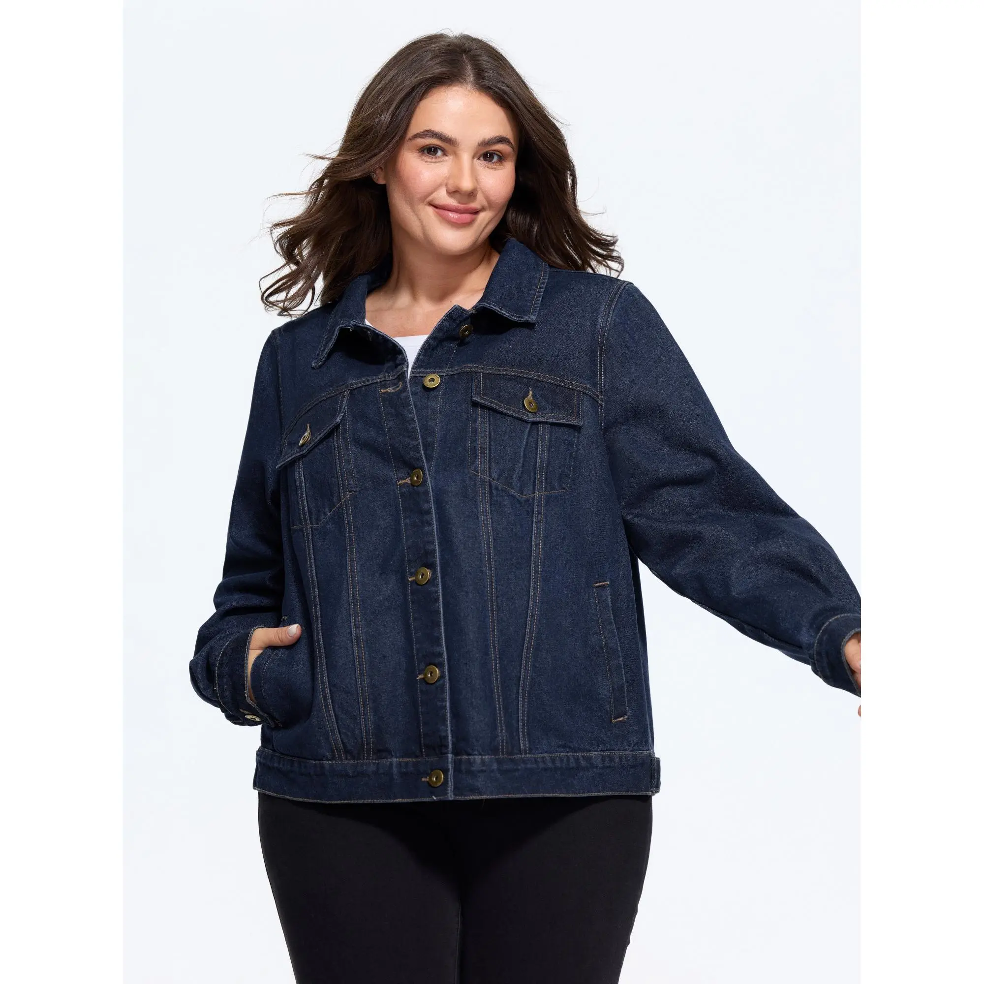 BloomChic Stretch Classic Lapel Collar Button‑Front Denim Jacket 【M-6XL】
