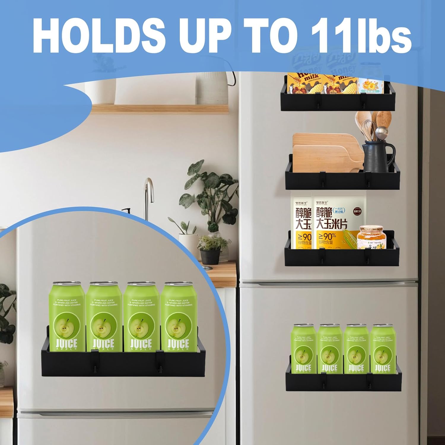 Set of 4 Magnetic Spice Racks with Hooks – Rustproof Metal Storage for Kitchen, Pantry & Fridge | Easy Magnetic Organization for Herbs, Spices & Drinks