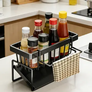 Kitchen spice rack, made of carbon steel, with a bottom baffle to reduce grease buildup on the countertop, and a mesh design for easy cleaning.