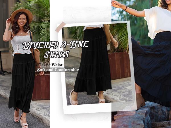 Women's Long Maxi Skirts Tiered Elastic High Waist Boho Double Layered Print A-Line Casual Midi Dress