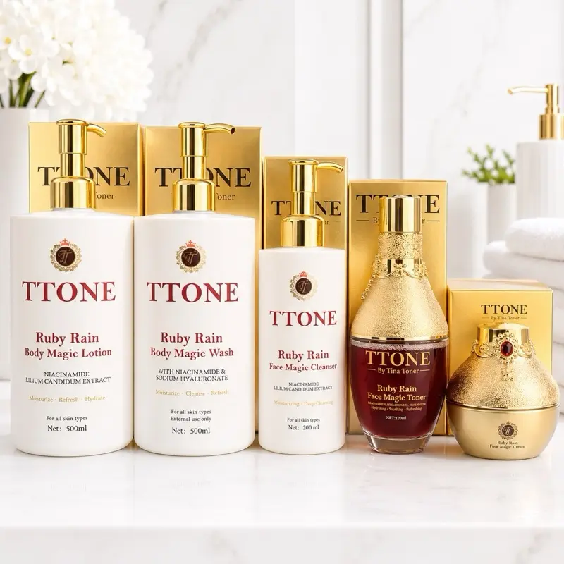 TTONE Ruby Rain 5-Piece Skincare Set – Cleanser, Toner, Face Cream, Body Wash & Body Lotion (Full Routine Set), Body Care, Smooth