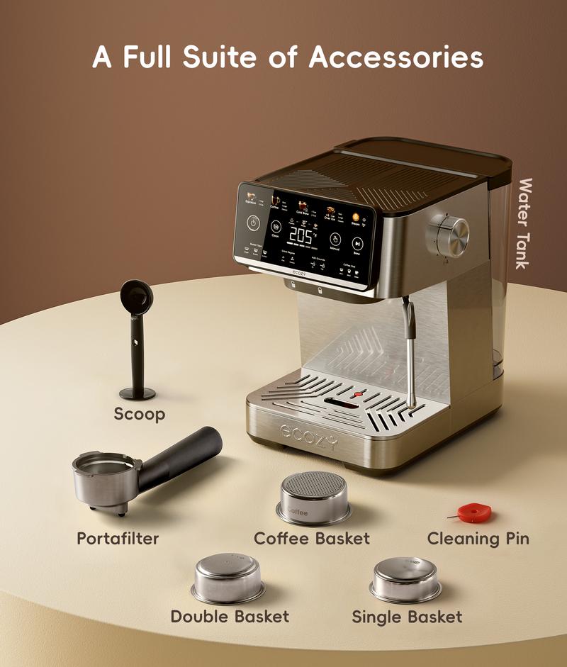 ecozy 4-in-1 Espresso Machine, Drip Coffee, Cold Brew and Over lce Machine with Touch Screen, Milk Frother Steam Wand, Stainless Steel, Coffee Maker for Cappuccinos, Lattes, Americanos ecozy 4-in-1 Espresso Machine, Drip Coffee, Cold Brew and Over lce Machine with Touch Screen, Milk Frother Steam Wand, Stainless Steel, Coffee Maker for Cappuccinos, Lattes, Americanos