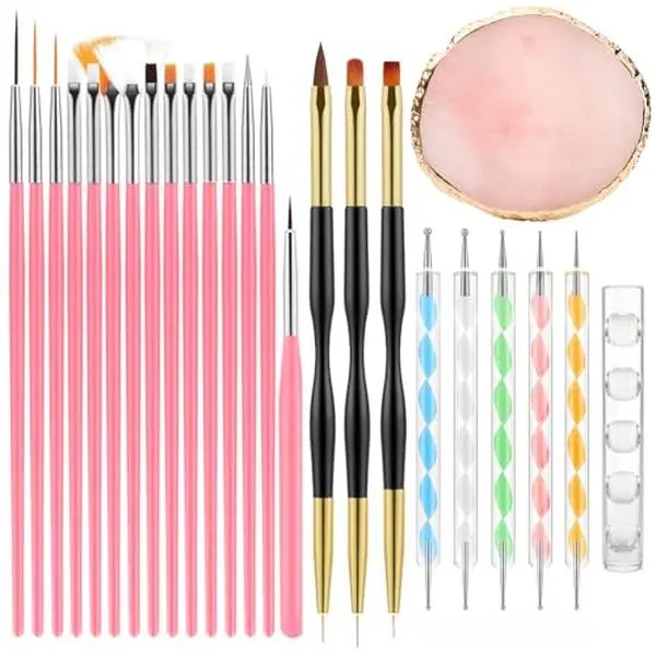 25Pcs Nail Art Tools Set,Nail Art Brushes,Resin Palette and Stand | 2-Way Acrylic Silicone Engraving Pen,Assorted nail brushes support line drawing and diverse nail designs for Nail Art DIY
