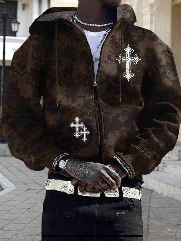 Spring and Autumn New Men's Jacket Cross Printed Pattern Zip Pocket Regular Large Size Travel Holiday Outdoor Camping Men's Top Clothes