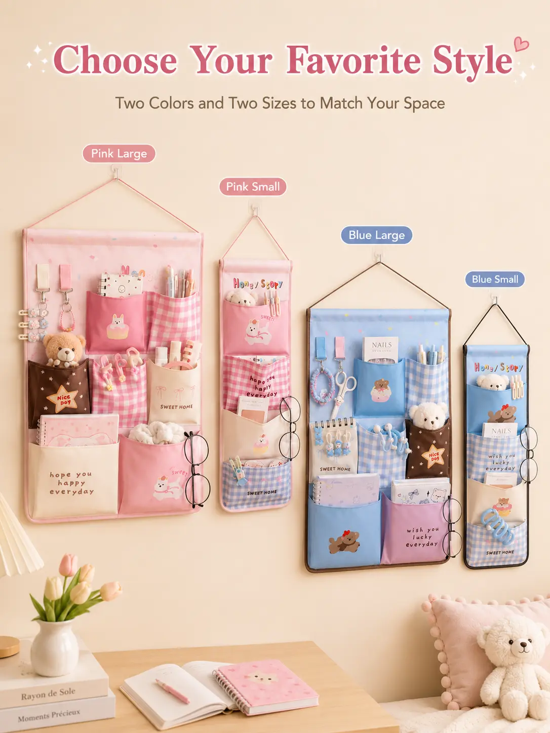 Kaiwei Duo Wall-Mounted Storage Pouch—a space-saving fabric storage solution ideal for bedrooms, dorm rooms, apartments, children’s rooms, closets, and small spaces. Available in pink or blue.