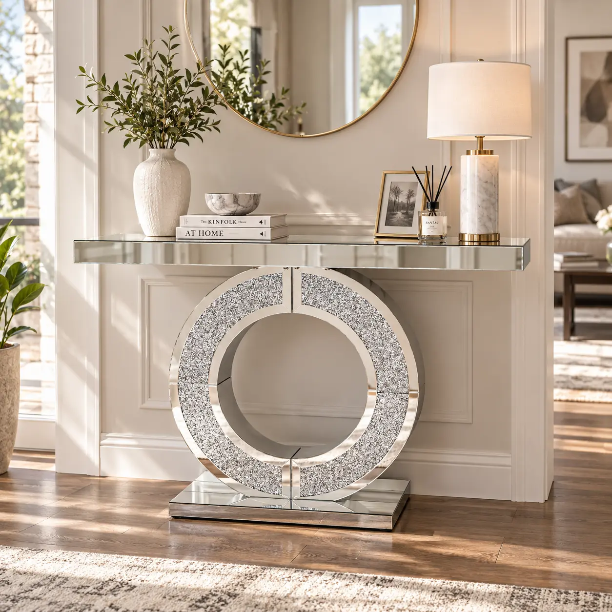 SAVEYOUR O Shaped Mirror Console Table, Crystal Accent Mirrored Glass Hallway Entryway Table, Handcrafted Mirror Table, Luxury Home Decor for Living Room & Room Entrance