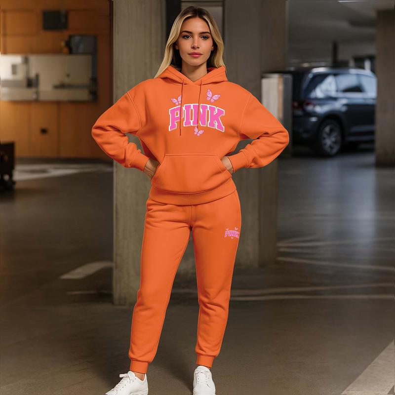 Women's Pink Butterfly Print Lips Print Hair And Sunglasses Hoodie And Drawstring Track Pants Set, Casual Sportswear, Long-Sleeved Hooded Jacket And Pants, Suitable For Autumn And Winter,  Indoor And Outdoor Sportswear, Casual Sportswear.