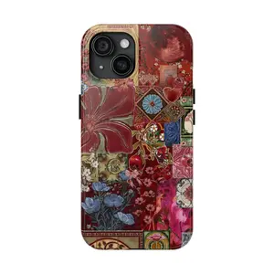 Vintage Tiled Botanical Phone Case for IP 16 15 14 13 12 11 Pro Max XR Xs 6 7 8 Plus SE, Vintage Boho Patchwork Floral Case, Pomegranate & Floral Tile, Vintage Aesthetic Phone  Cover, Girly Floral Tough Case, Waterproof