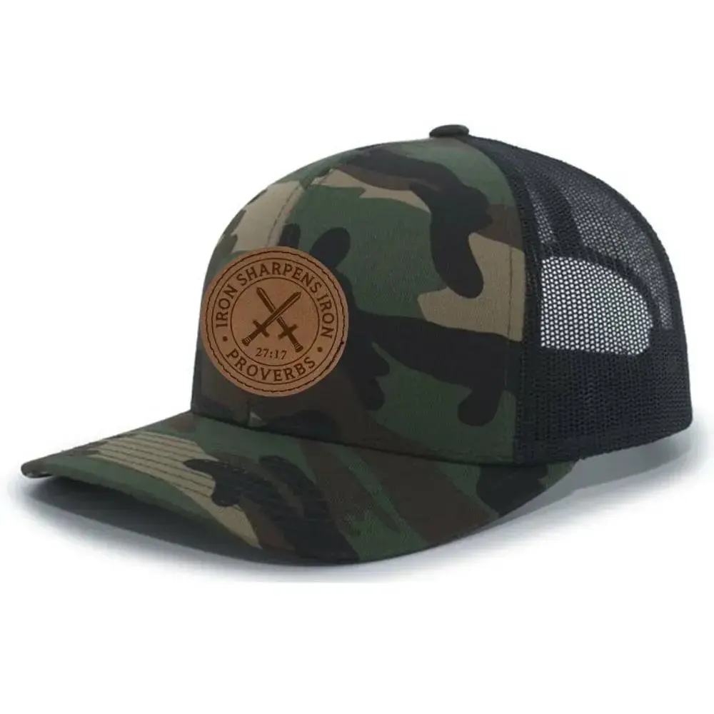Heritage Pride Christian High Quality Classic Trucker Hat - Proverbs 27:17 Iron Sharpens Iron Laser Engraved Leather Patch, Breathable Mesh Back Breathable Mesh Cap, Breathable Mesh Caps