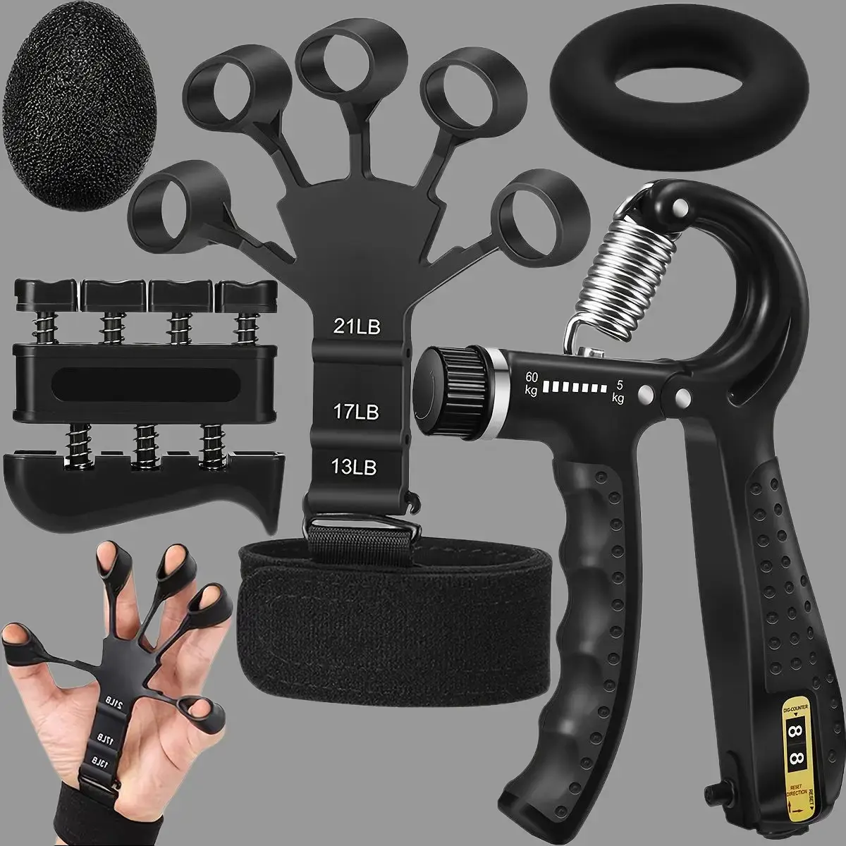 5-in-1 Multi-Use Hand Strengthener Kit - Adjustable Arm Trainer, Finger Stretcher, Forearm Workout Ring, Stress Ball, Gym Equipment, Compact Shape Recovery Aid for Physical Therapy, Grip Strength Boost (5 Pieces)
