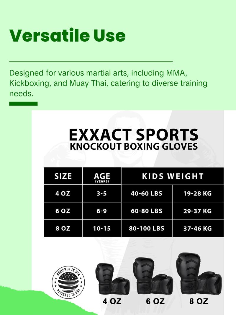 Exxact Sports Knockout Youth Boxing Gloves for Kids (3-15 Years) with Padded Protection and Wrist Support, Durable Engineered Leather Kids Boxing Gloves for Sparring (Black/Green)