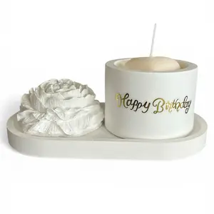 White “Rose Candle”Elegant design and long-lasting burn time for Aroma therapy and Home decor.A natural handmade candle crafted from 100 %soy wax .Fragrance oil “Warm rustic Woods”.