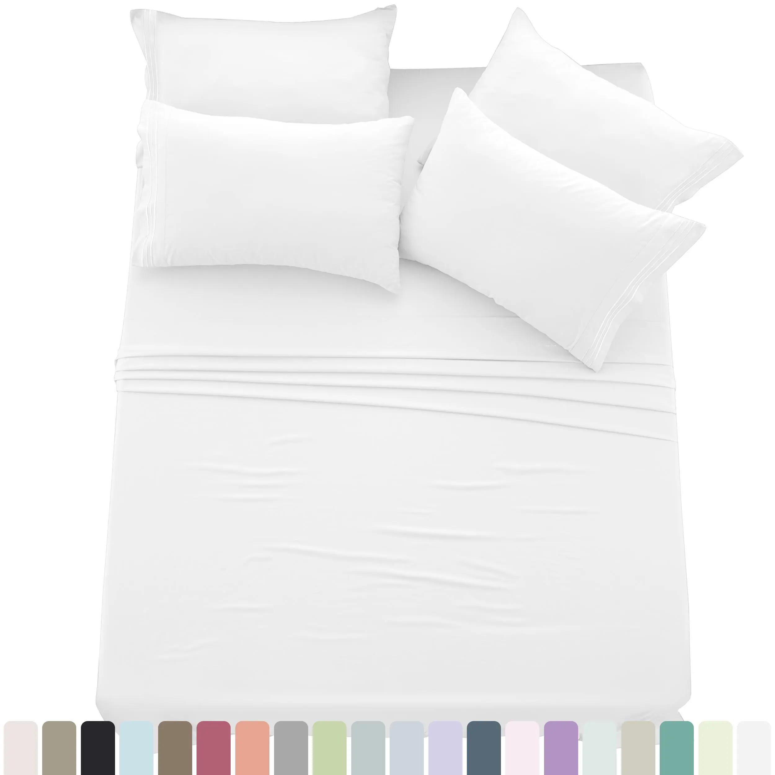 Lux Decor 6 Pcs Solid Bed Sheets - Up to 16" Deep Pocket Embroidered Bedsheet Set - Eco Friendly Queen Sheets - Hotel Luxury Sheets Warm & Cozy King Bedding Set - Soft Breathable Sheet - Summer Gifts