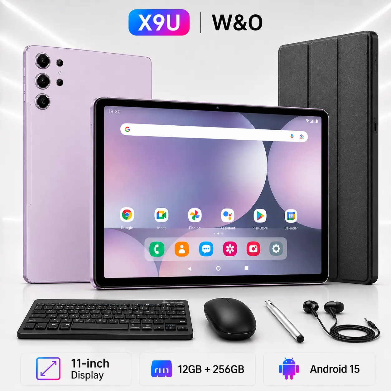 W&O X9U 2026 Touchscreen Android 15 Tablet - 11" FHD Screen, 12GB+256GB Storage, 10000mAh Battery, 5G WiFi, GPS, Keyboard Mouse Stylus Bundle, All-in-One Tablet for Study, Streaming & Travel