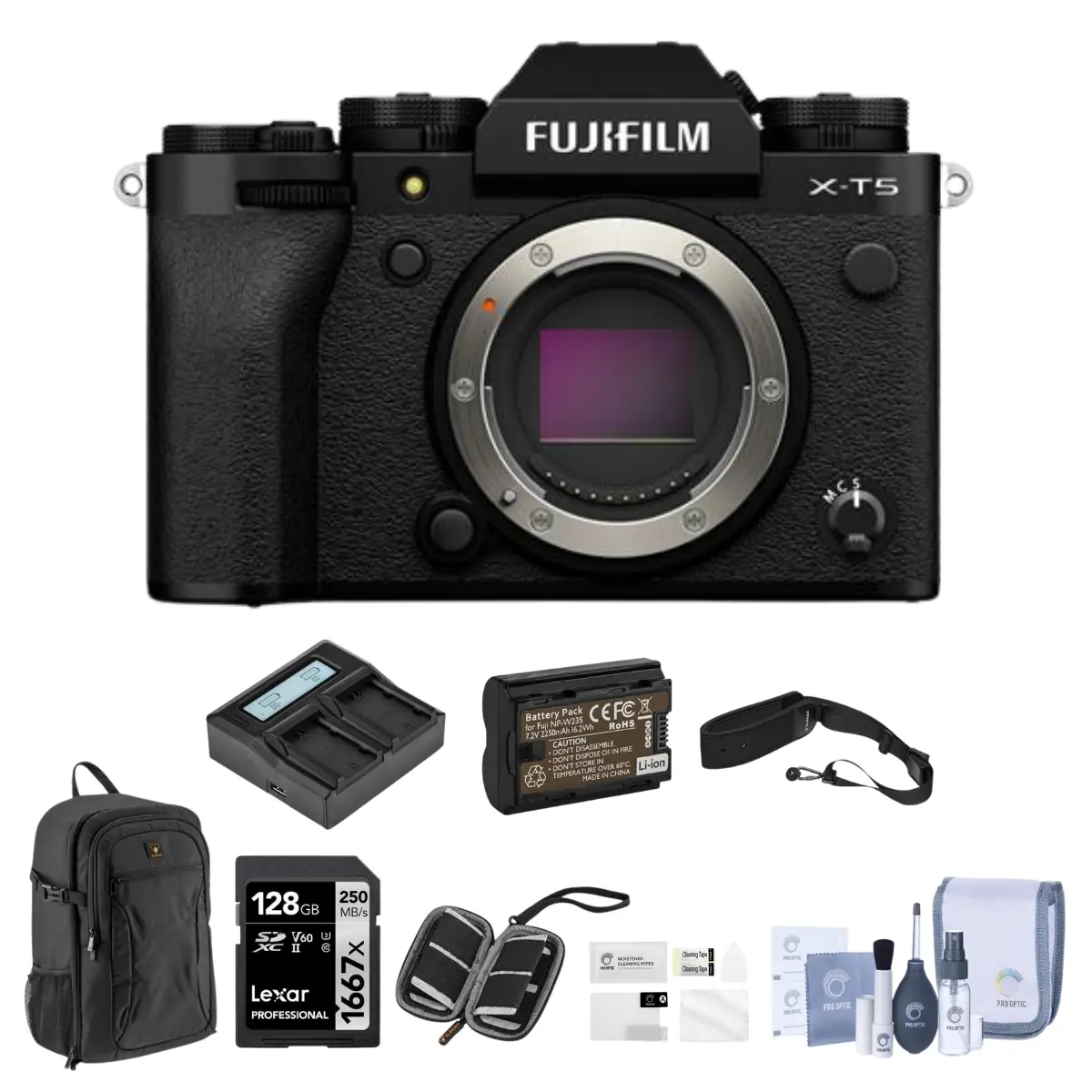 Fujifilm X-T5 Mirrorless Camera, Black Bundle with 128GB SD Card, Backpack, 2x Battery, Charger, Screen Protector, Camera Strap, SD Card Case, Cleaning Kit