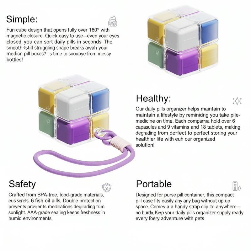 Weekly Pill Organizer 7 Day Travel Pill Case with Magnetic Closure Easy Open Portable Pill Box with 8 Compartments for Vitamins Medication Multicolor