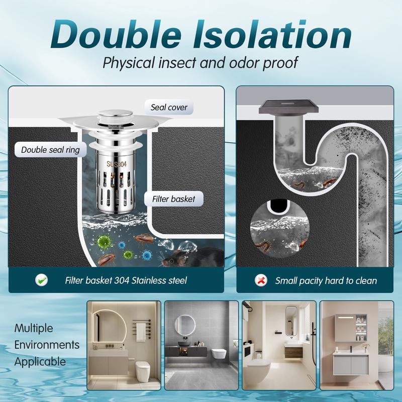 Bathroom Sink Drain Stopper, Universal Pop Up Drain for Bathroom Sink Replacement, Sink Drain Cover with Anti-Clogging Filter Basket Hair Catcher, Sink Drain Strainer